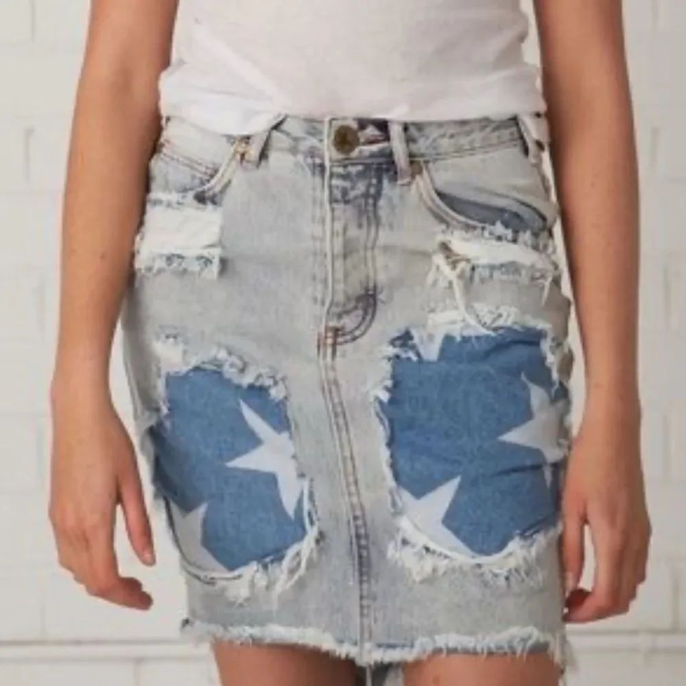 One teaspoon Blue Distressed Frayed Hem Denim Skirt